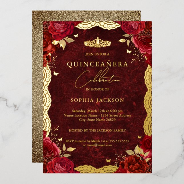 Invitation En Aluminium Or Rouge Rose dentelle Quinceanera Anniversaire (Recto/Verso)