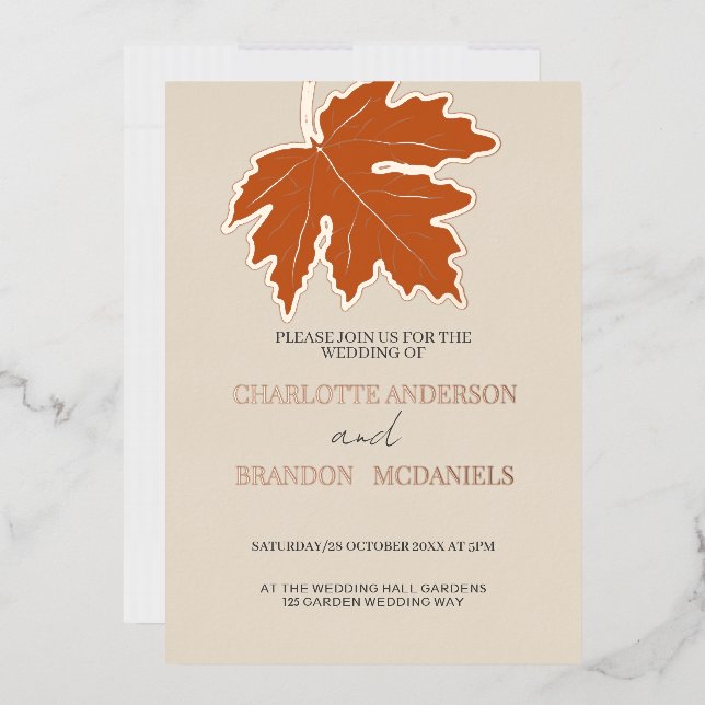 Invitation En Aluminium Orange Automne Feuille d'érable Mariage Rose Gold  (Enveloppe)