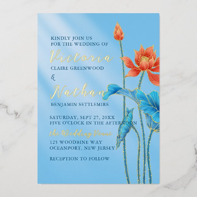 Invitation En Aluminium Orange & Blue Lotus Flowers Mariage Feuille (Recto)