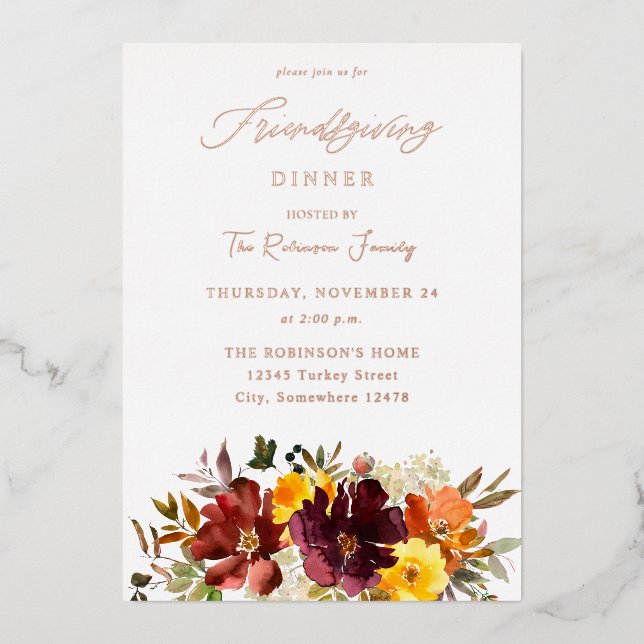 Invitation En Aluminium Orange et Jaune Chute d'Or Floral Friendsgiving (Recto)