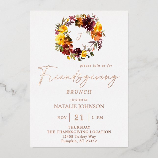 Invitation En Aluminium Orange et jaune Floral Friendsgiving Wreath (Recto)