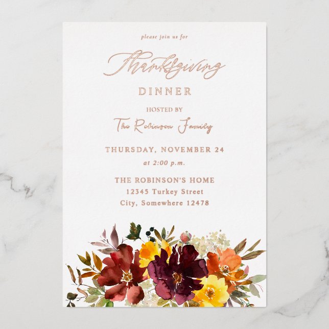 Invitation En Aluminium Orange & Jaune Gold Fall Florale Thanksgiving (Recto)
