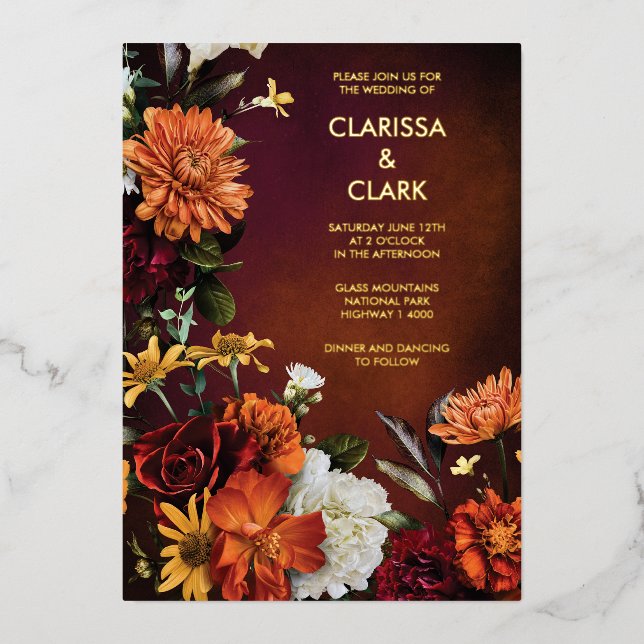 Invitation En Aluminium Orange Orange Chute Florale Mariage moderne (Recto)