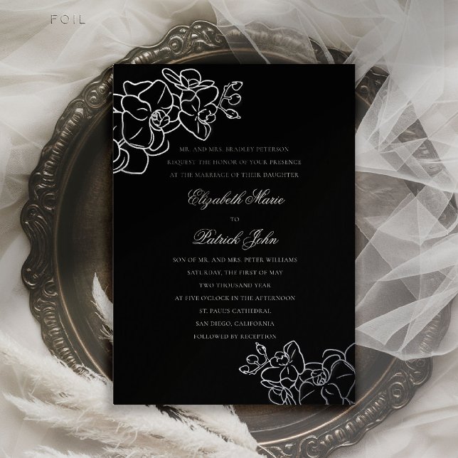 Invitation En Aluminium Orchidée Hirloom noir blanc Formal Mariage classiq (orchid wedding invitation black white formal traditional parents hosting calligraphy classic foil)