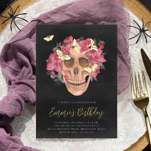 Invitation En Aluminium Orchidée rose Crâne floral Halloween fête d'annive