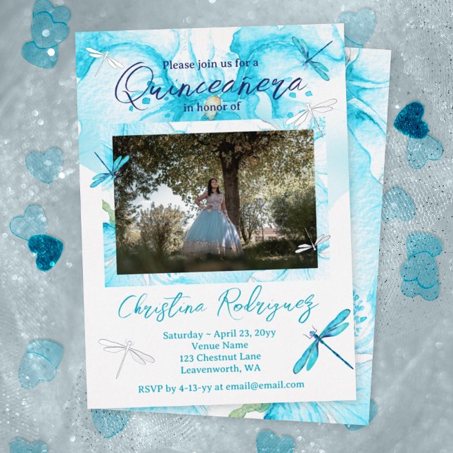 Invitation En Aluminium Orchidée turquoise en aquarelle, quinceanera de li (Turquoise and white quinceanera invitation, silver foil dragonflies, cyan, aquamarine orchid flower)