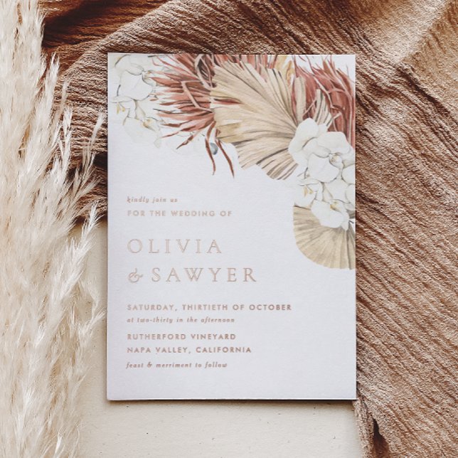 Invitation En Aluminium Orchidées blanches et Feuilles de palmiers séchés  (This rose gold foil wedding invitation is perfect for modern weddings with a natural or boho theme.)