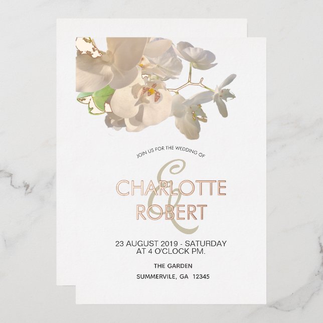 Invitation En Aluminium Orchidées Blanches Tropicales Mariage Or Rose (Recto/Verso)