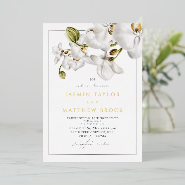 Invitation En Aluminium Orchids Frame Elegant Wedding (Debout devant)