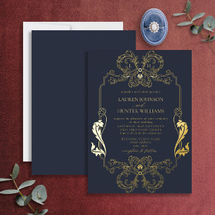 Invitation En Aluminium Ornat Gold Blue Floral Line Art Monogramme Mariage