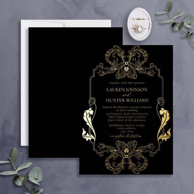 Invitation En Aluminium Ornate Gold Black Floral Line Art Monogramme Maria (Créateur téléchargé)