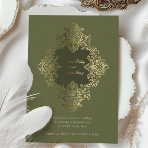 Invitation En Aluminium Ornement baroque à huile Mariage Olive Green