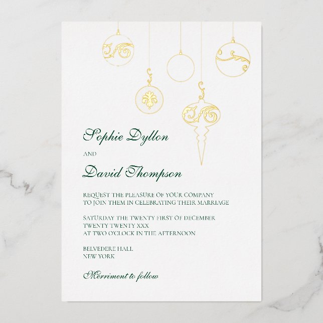Invitation En Aluminium Ornements de Noël Hiver Vert Mariage Or (Recto)