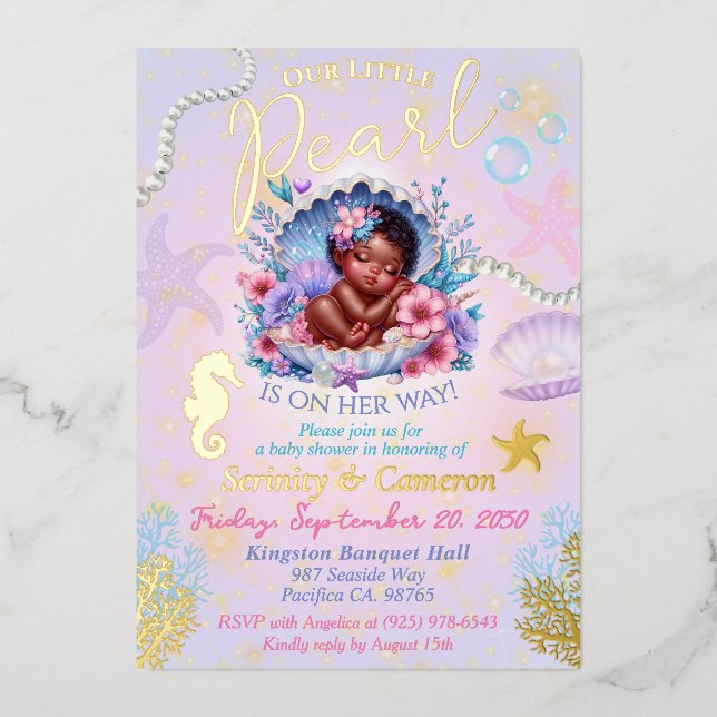 Invitation En Aluminium Our little Pearl Baby Girl Seashell Baby Shower (Recto)