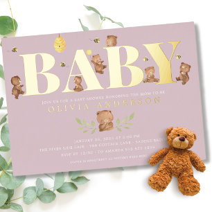 Invitation En Aluminium Ours en miel de lavande Baby Shower