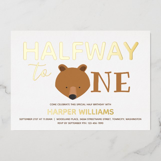 Invitation En Aluminium Ours Or Six Mois Bébé Demi-Anniversaire (Recto)