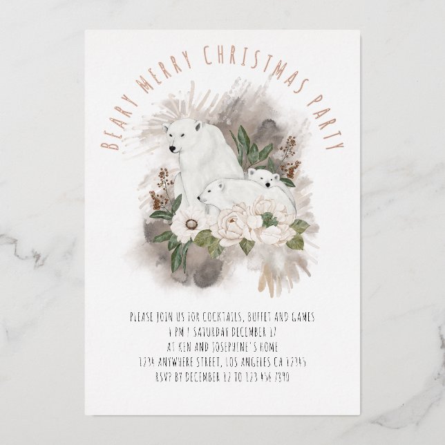 Invitation En Aluminium Ours Polaires Beary Joyeux Noël Party Luxe (Recto)