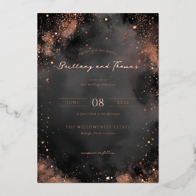 Invitation En Aluminium Paillettes de noir or sophistiqué (Recto)