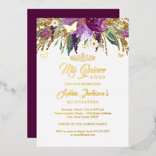 Invitation En Aluminium Paillettes Florales Améthyste Étincelante Quincean