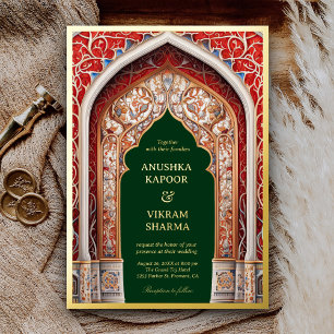 Invitation En Aluminium Palais Indien Royal Arche Rouge Mariage Vert Or