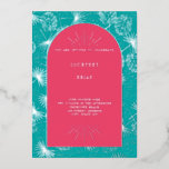 Invitation En Aluminium Palm Feuille rose   Blue Beach Wedding<br><div class="desc">Arche rose sur arrière - plan bleu. Bordure est l'art feuille en ligne de palmier. Illustration de coquillages au centre.</div>