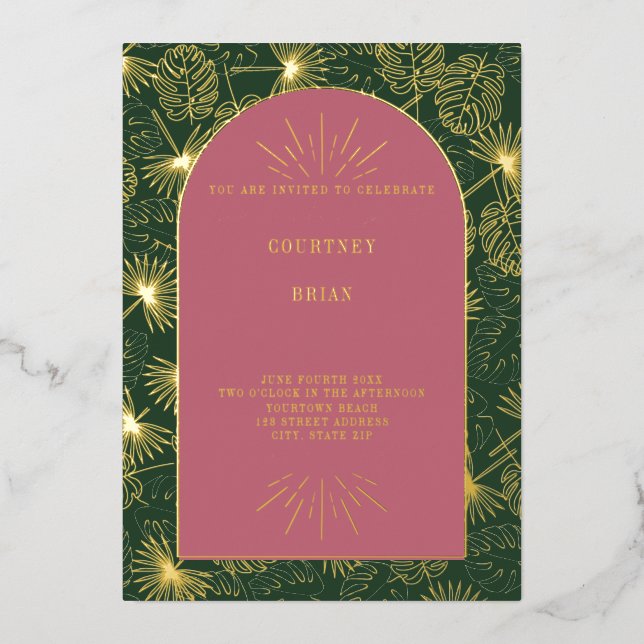 Invitation En Aluminium Palm Feuille rose + Green Beach Mariage (Recto)