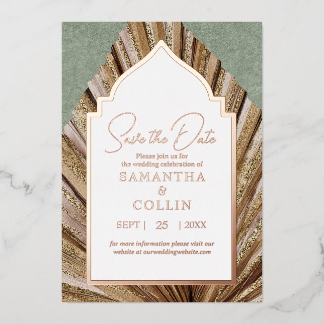 Invitation En Aluminium Palm Leaf Sage Green Enregistrer la date (Recto)