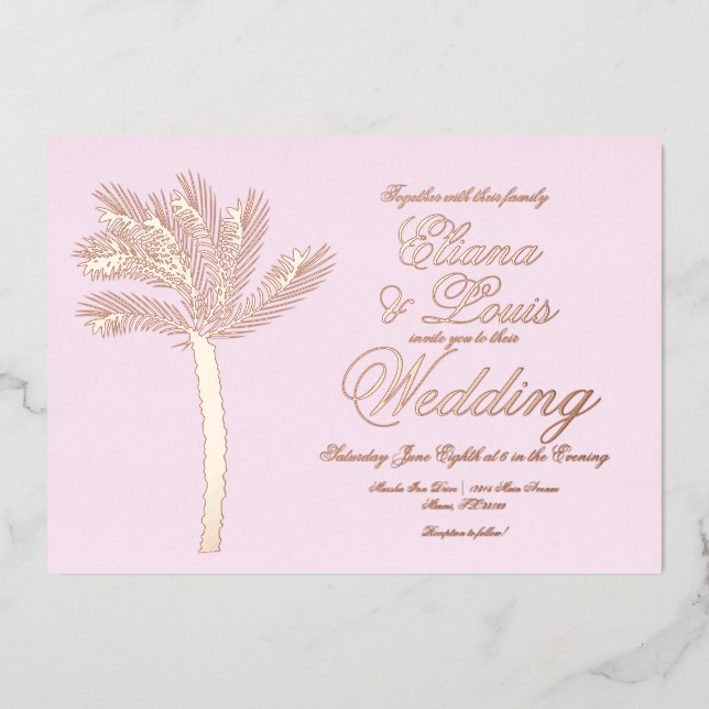 Invitation En Aluminium Palm Tree Gold Mariage rose d'été Pressé (Recto)