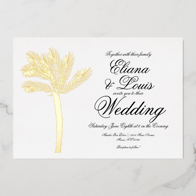 Invitation En Aluminium Palm Tree Gold Noir Mariage d'été Pressé (Recto)