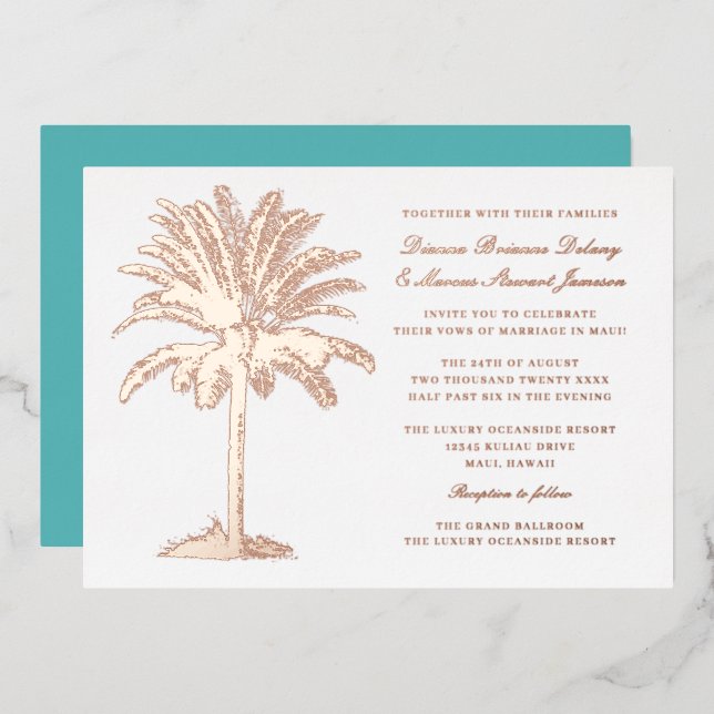 Invitation En Aluminium Palm Tree Island Destination Mariage Rose Gold (Recto/Verso)