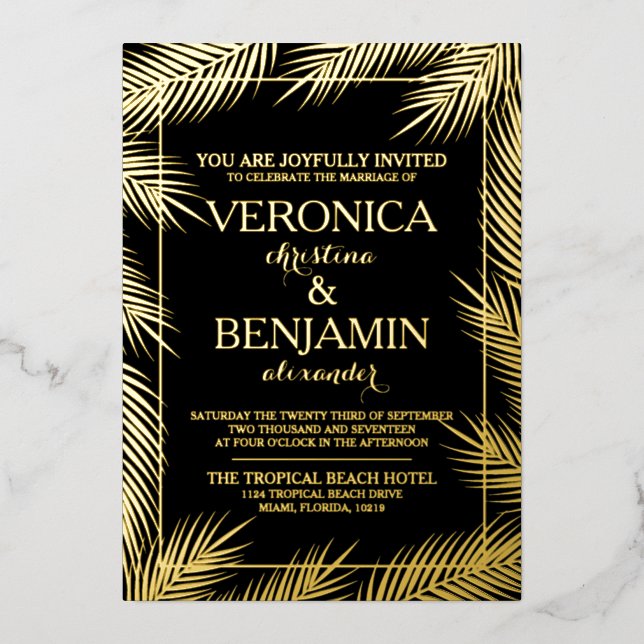 Invitation En Aluminium Palm Tropical Feuilles Plage Mariage Real (Recto)