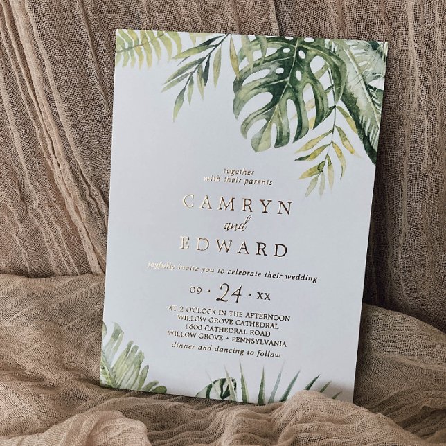 Invitation En Aluminium Palme tropicale sauvage | Décontracté Mariage Gold (Créateur téléchargé)