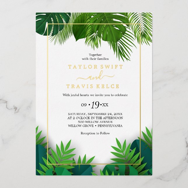 Invitation En Aluminium Palme tropicale sauvage | Mariage Hexagon Gold Foi (Recto)