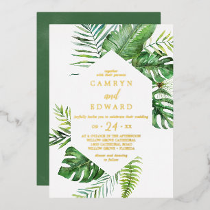 Invitation En Aluminium Palme tropicale sauvage Mariage Hexagon Gold Foi