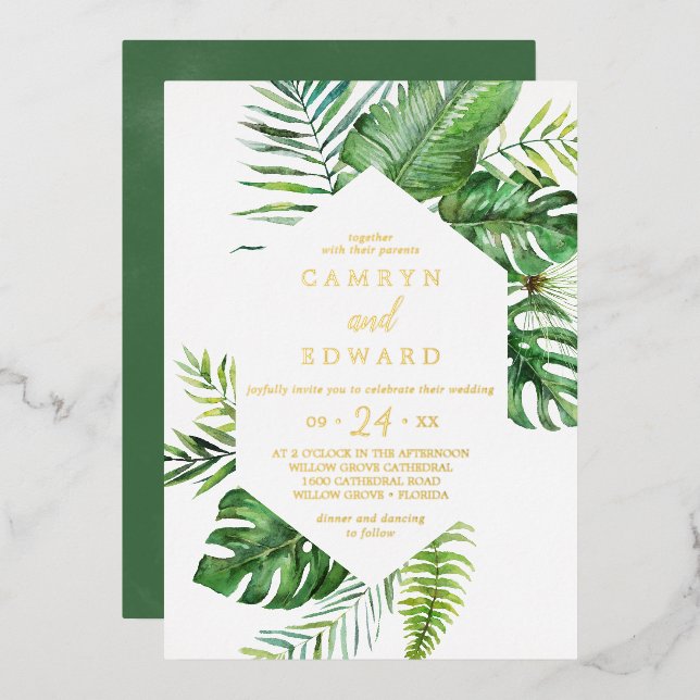 Invitation En Aluminium Palme tropicale sauvage | Mariage Hexagon Gold Foi (Recto/Verso)
