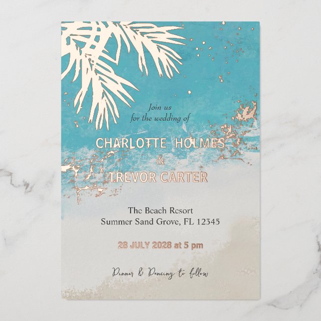 Invitation En Aluminium Palmiers tropicaux Blue Ocean Beach Wedding Gold (Recto)