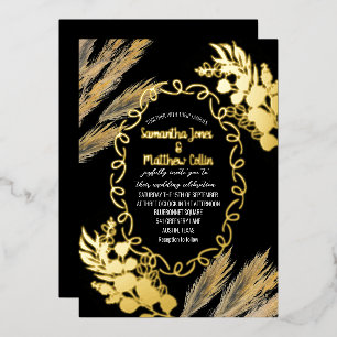 Invitation En Aluminium Pampas Grass Boho Black Gold Foil Mariage