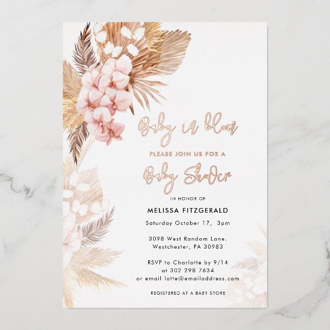 Invitation En Aluminium Pampas Grass Boho fille Baby shower Rose or (Recto)