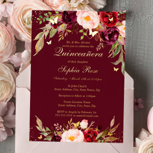Invitation En Aluminium Papel d'or Burgundy Blush Floral Quinceanera