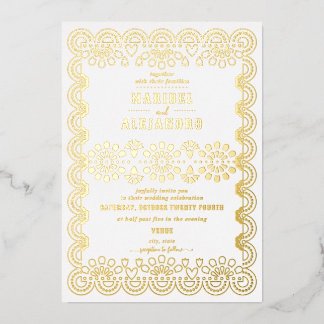 Invitation En Aluminium Papel mexicain Picado Floral Blanc Mariage (Recto)