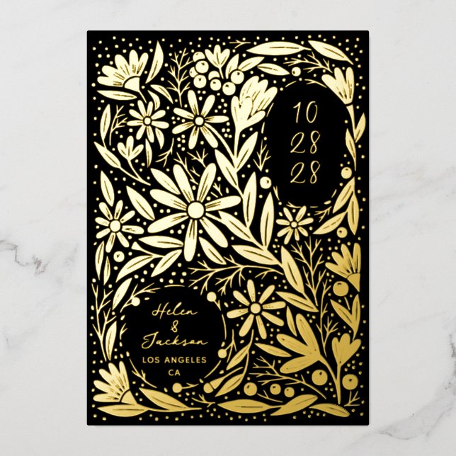 Invitation En Aluminium Papercut Fleurs rustiques Noir Enregistrer la date (Recto)