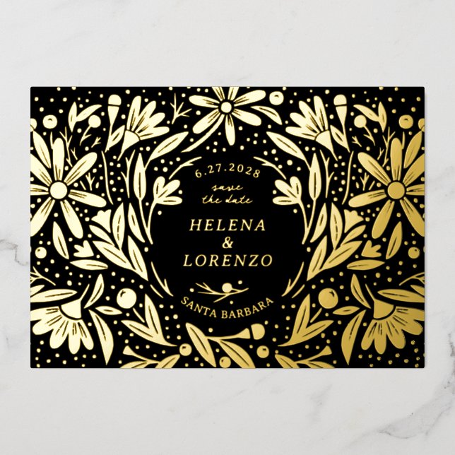 Invitation En Aluminium Papercut Fleurs rustiques Noir Enregistrer la date (Recto)