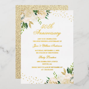 Invitation En Aluminium Papier d'or floral 50e anniversaire