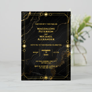 Invitation En Aluminium Papier d'Or Luxe Mariage Noir Marbre Art Déco