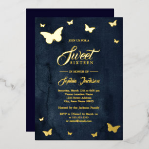 Invitation En Aluminium Papier d'or Navy Papillon Sweet 16 Or
