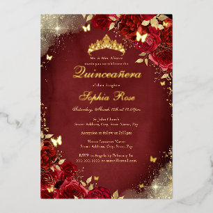 Invitation En Aluminium Papier d'Or Royal Rouge Papillon Floral Quinceaner