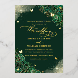 Invitation En Aluminium Papier Mariage Fleur de Papillon Émeraude en Or