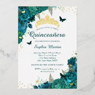 Invitation En Aluminium Papillon à fleurs turquoise Élégant Quinceanera