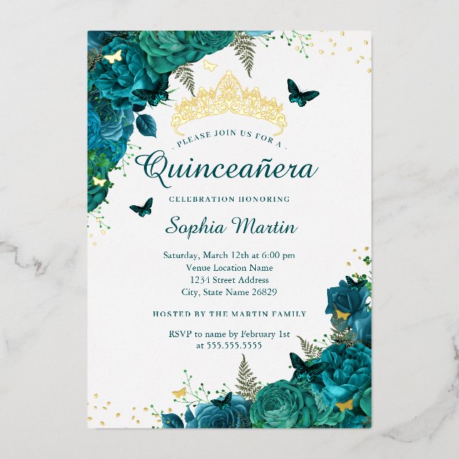 Invitation En Aluminium Papillon à fleurs turquoise Élégant Quinceanera (Recto)