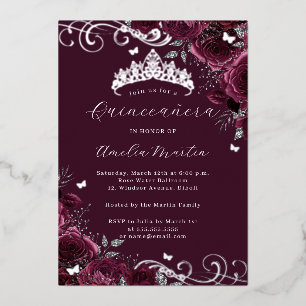 Invitation En Aluminium Papillon Argent Bourgogne Floral Quinceanera